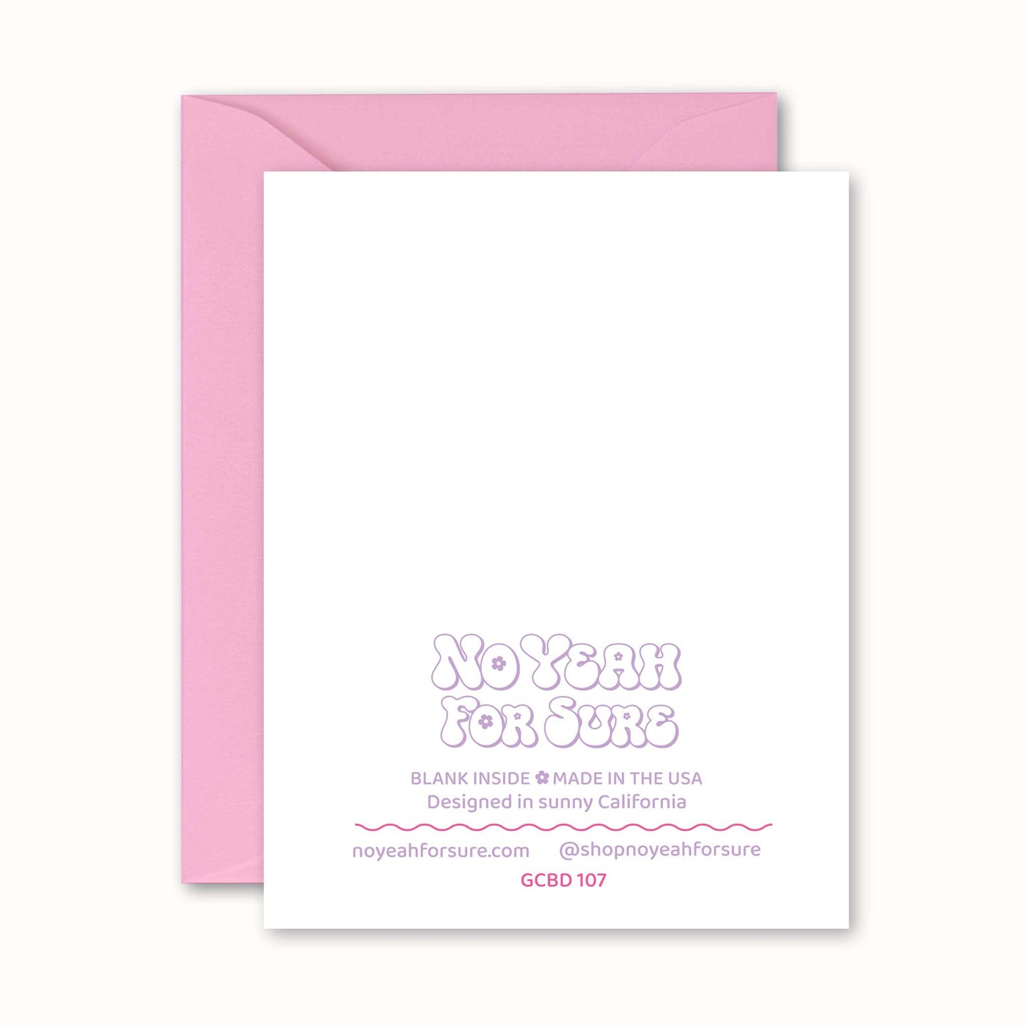 Card with pink envelope and 'No Yeah For Sure' text on a white background