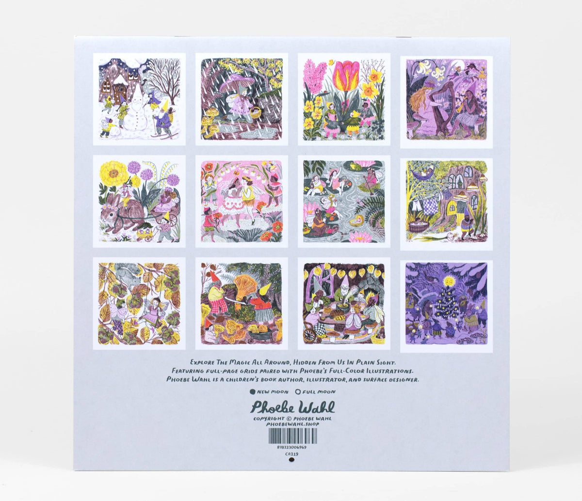The back of a white square box showing a 3x3 grid of colorful illustrated tea towel designs. Text at the bottom reads 'Camino Tea Plates All Patterns, Hidden From Us In The Pinocchio Land' and 'Phrothe Wick' with a barcode.