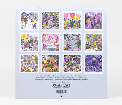 The back of a white square box showing a 3x3 grid of colorful illustrated tea towel designs. Text at the bottom reads 'Camino Tea Plates All Patterns, Hidden From Us In The Pinocchio Land' and 'Phrothe Wick' with a barcode.
