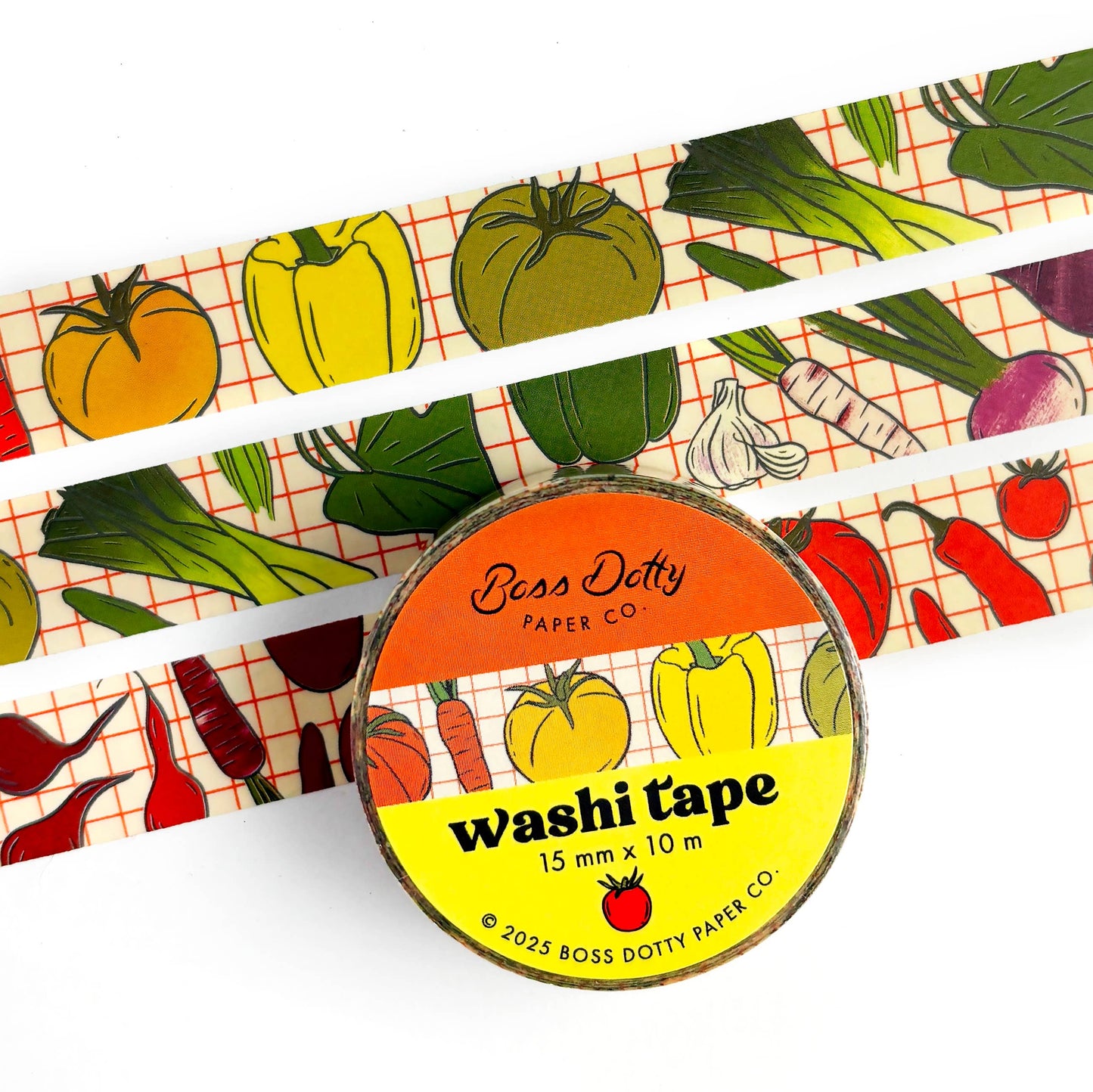 Washi tape with vegetable design and Boss Dotty Paper Co. branding