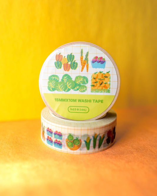 Washi tape with colorful designs on a yellow background, Farmers Market Washi Tape