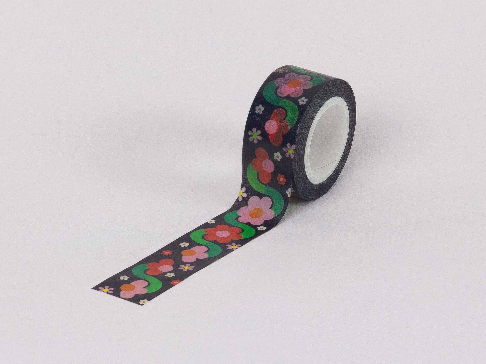 Decorative tape with floral pattern on a white background, Fleurty Girl Black Retro Floral Washi Tape