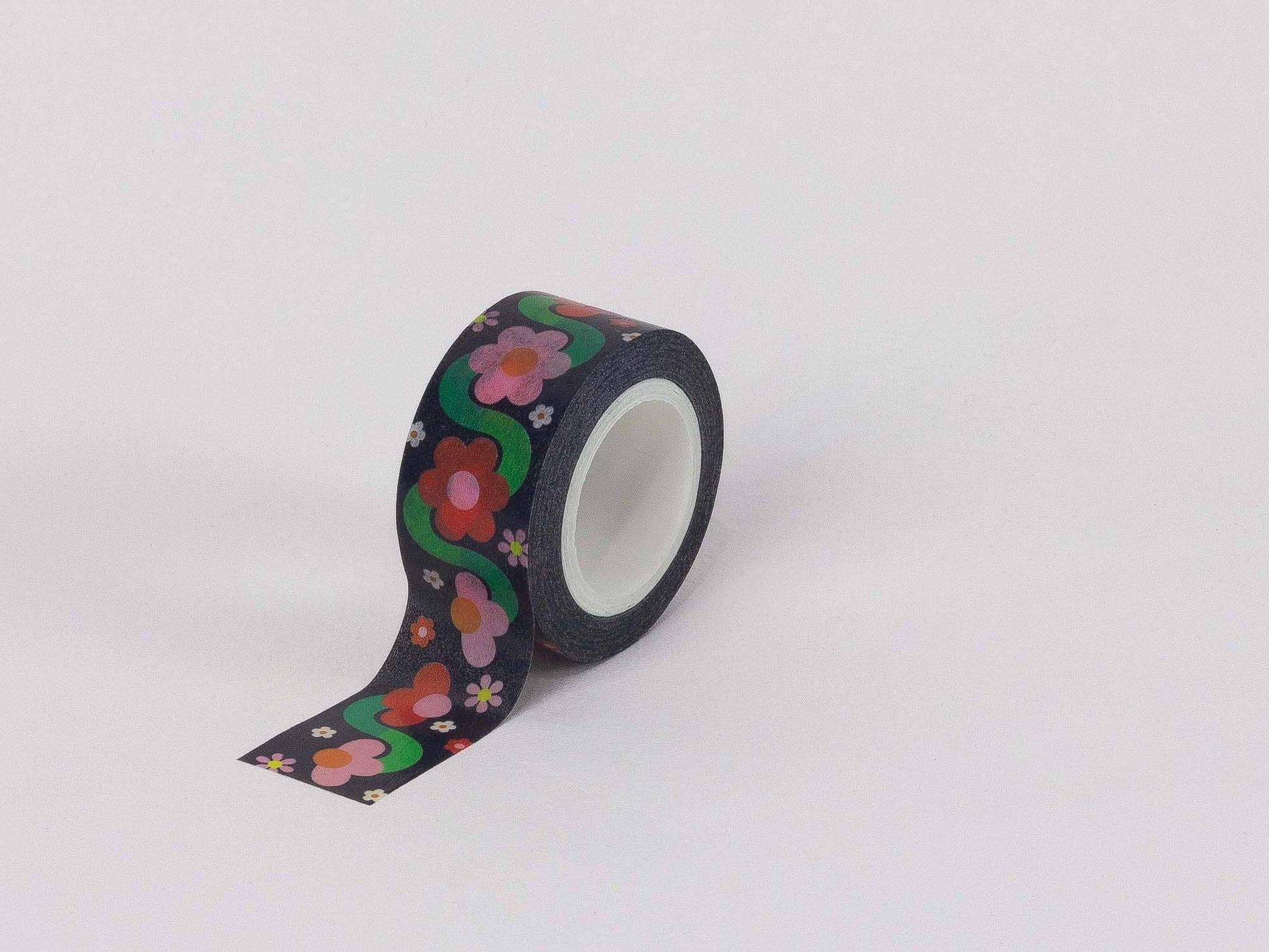 Decorative tape with floral pattern on a white background, Fleurty Girl Black Retro Floral Washi Tape