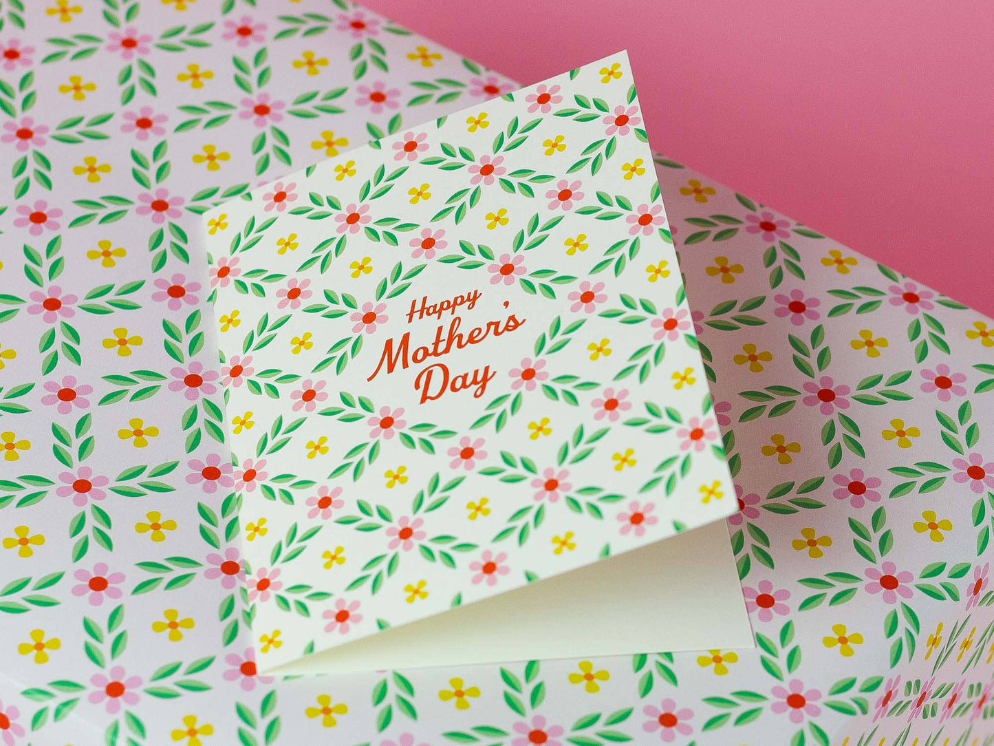 Floral-patterned card with 'Happy Mother's Day' text on a matching background