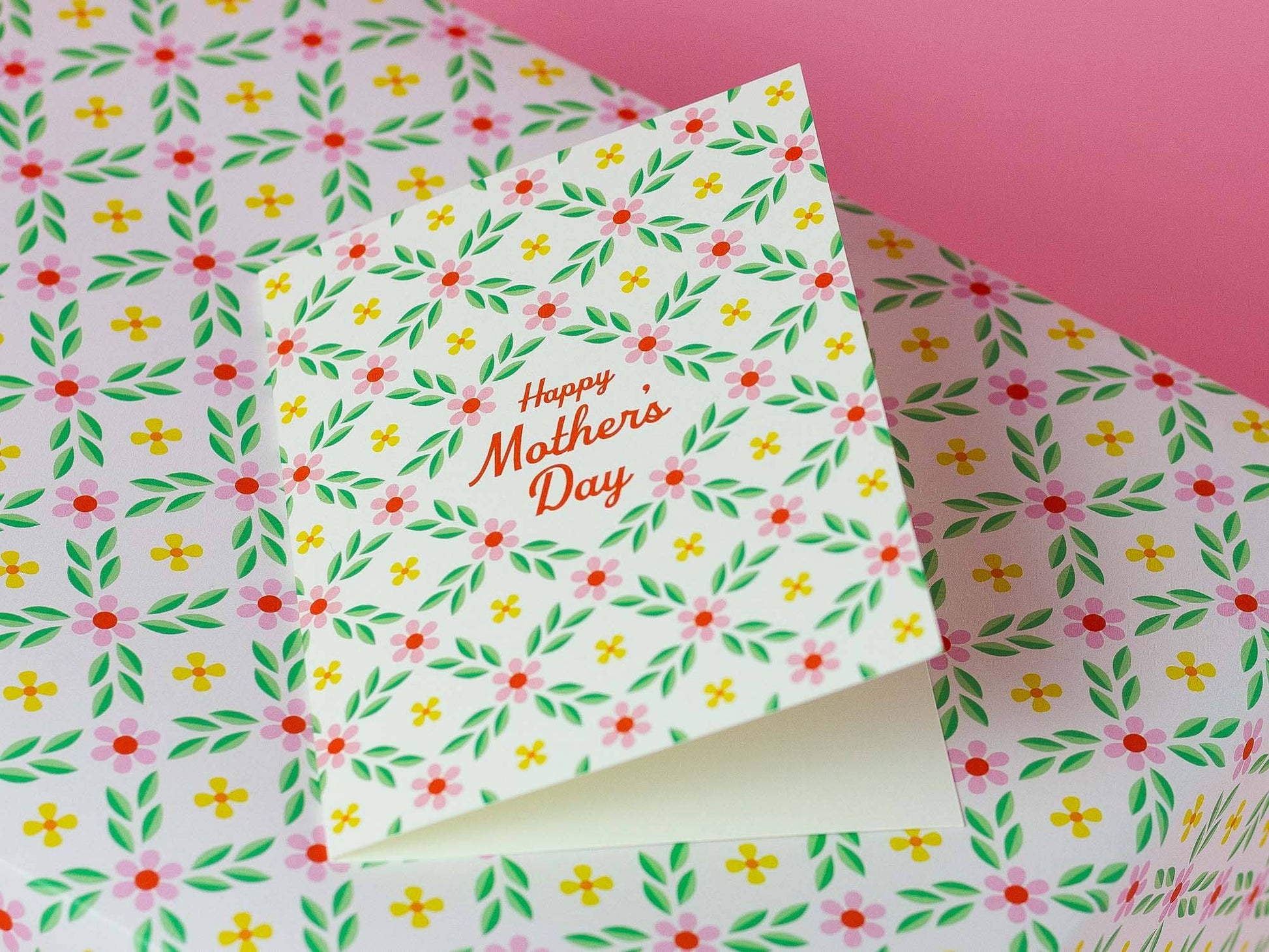 Floral-patterned card with 'Happy Mother's Day' text on a matching background