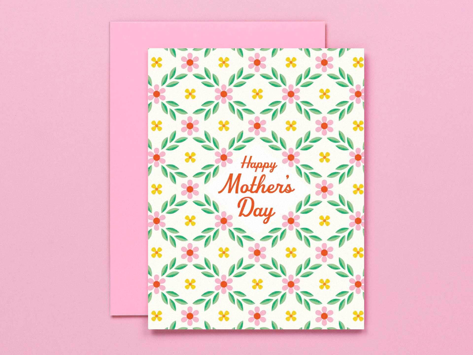 Greeting card with floral pattern and 'Happy Mother's Day' text on a pink background