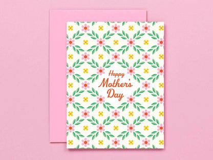 Greeting card with floral pattern and 'Happy Mother's Day' text on a pink background