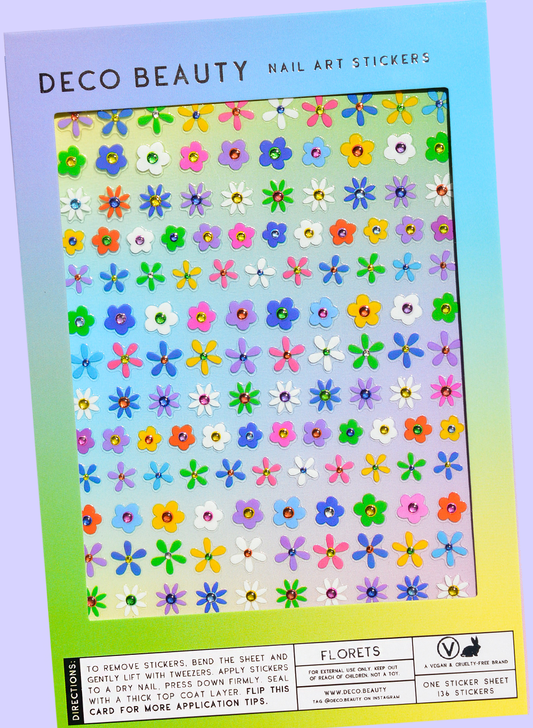 Packaging of Deco Beauty nail art stickers with colorful flower designs.