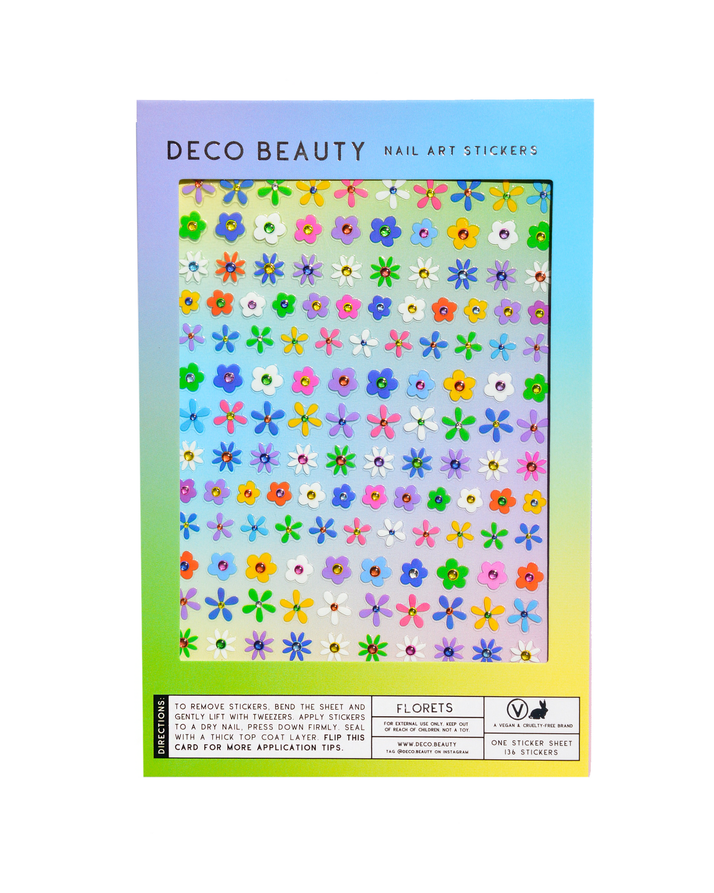 Packaging of Deco Beauty nail art stickers with colorful flower designs on a gradient background.