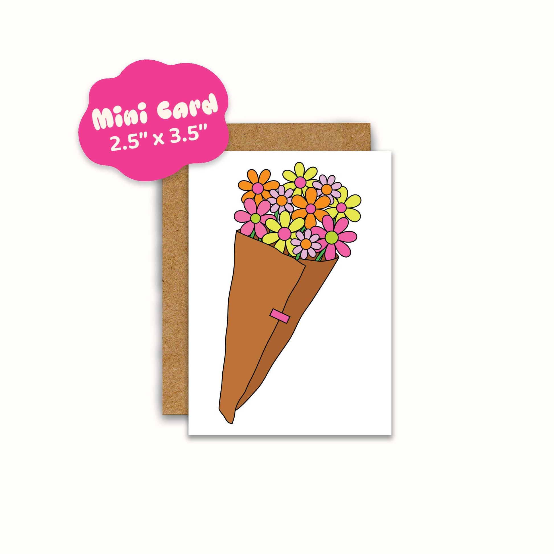A mini greeting card featuring a colorful flower bouquet in a brown cone, shown with a kraft envelope. A pink cloud-shaped label at the top left reads 'Mini Card 2.