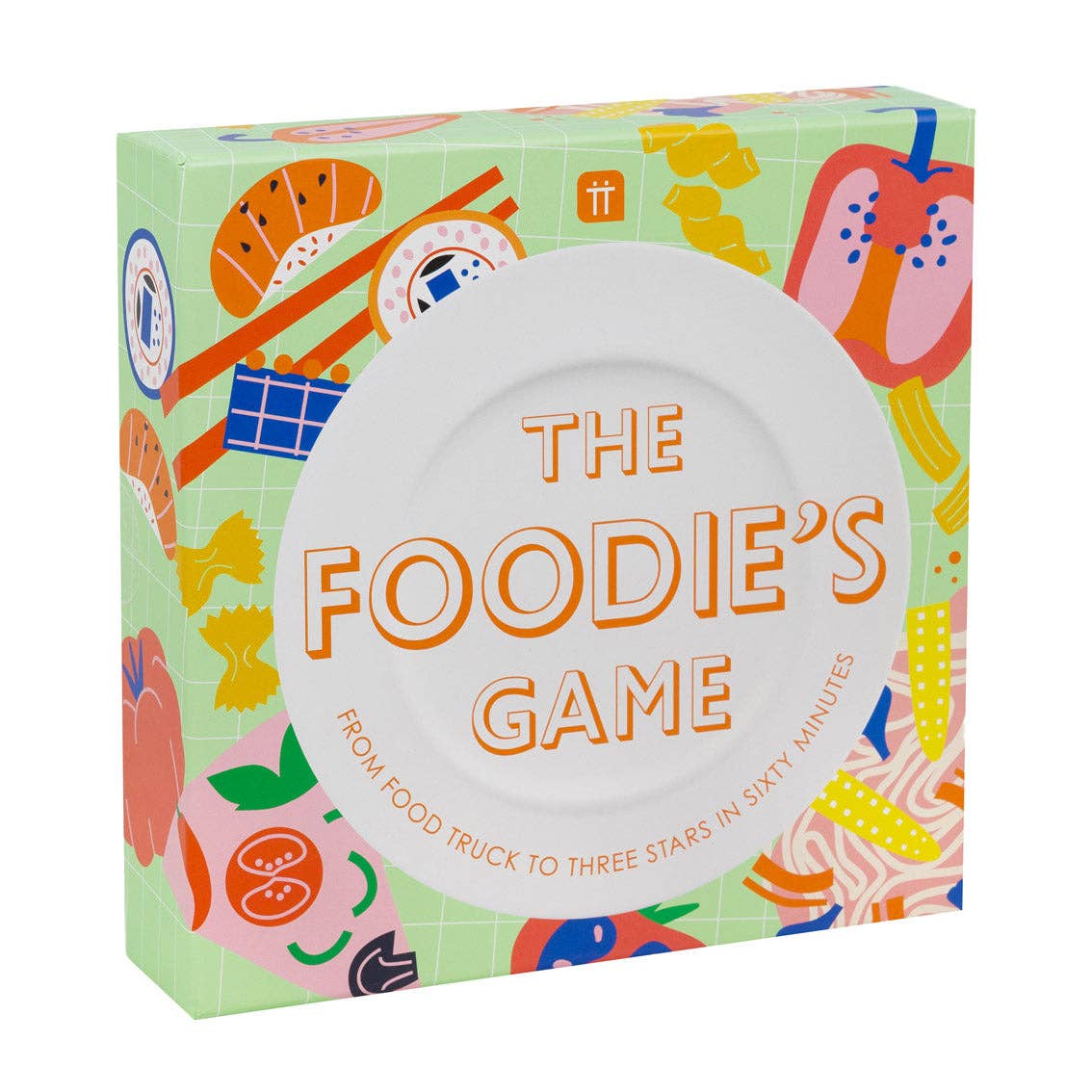 Box of 'The Foodie's Game' with colorful food illustrations on a white background