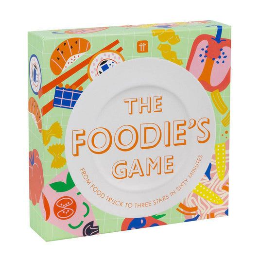 Box of 'The Foodie's Game' with colorful food illustrations on a white background
