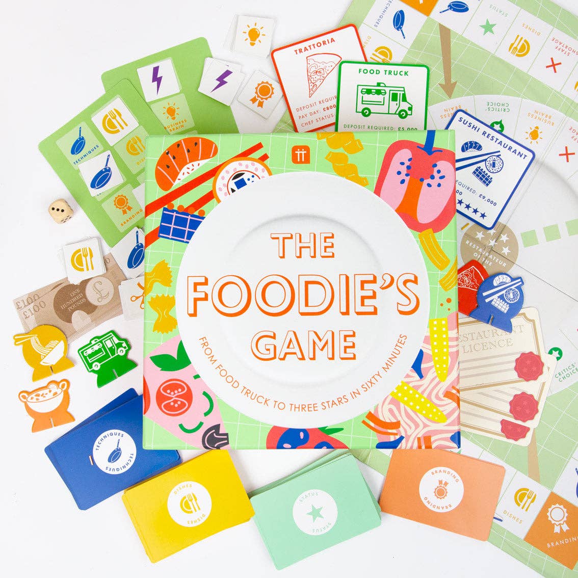 Colorful card game titled 'The Foodie's Game' with various cards on a white background