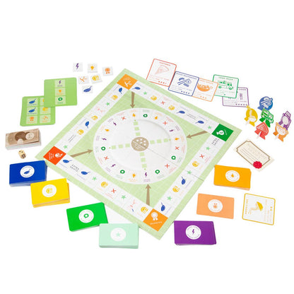Board game with colorful cards and a central board on a white background