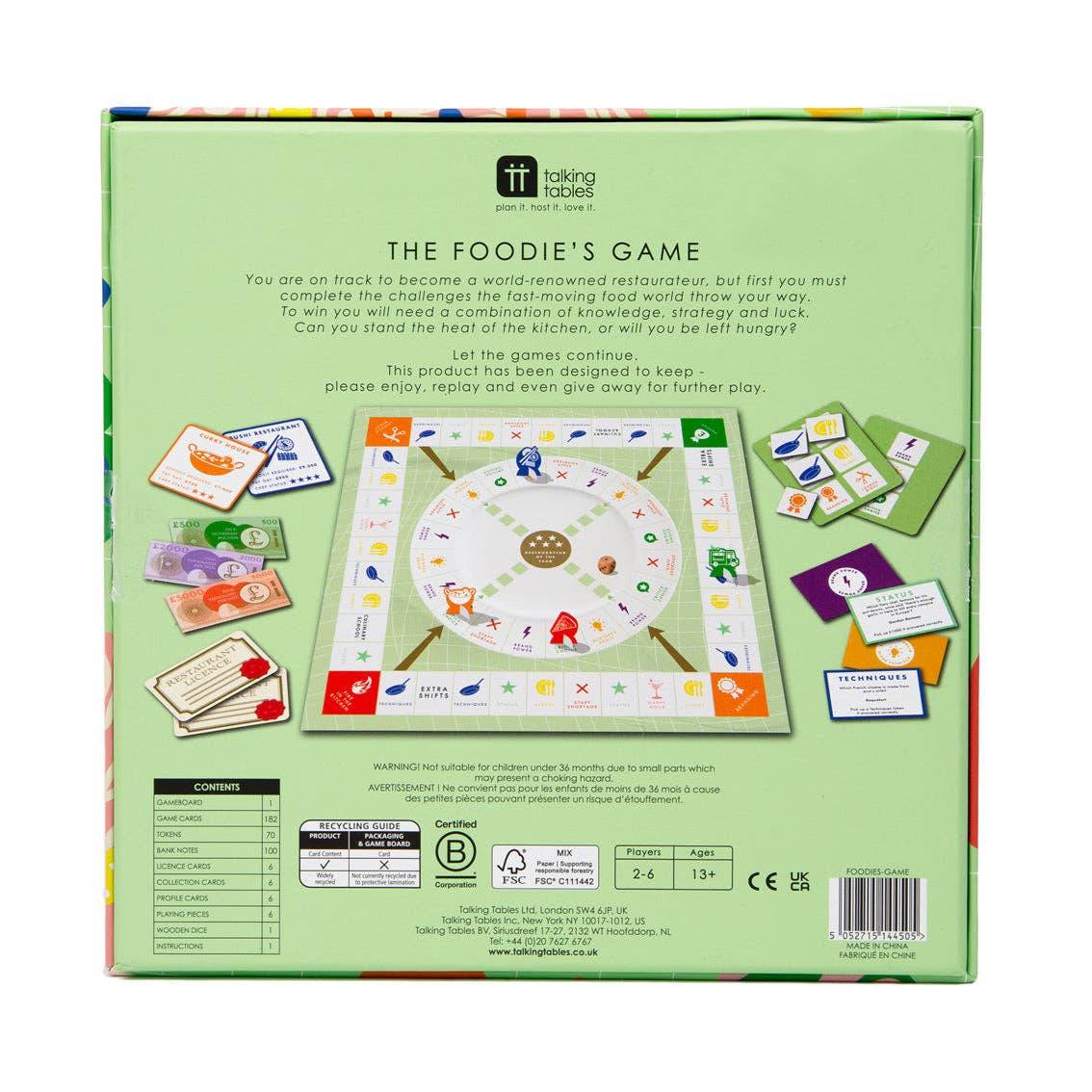 Board game packaging with colorful illustrations and text on a white background