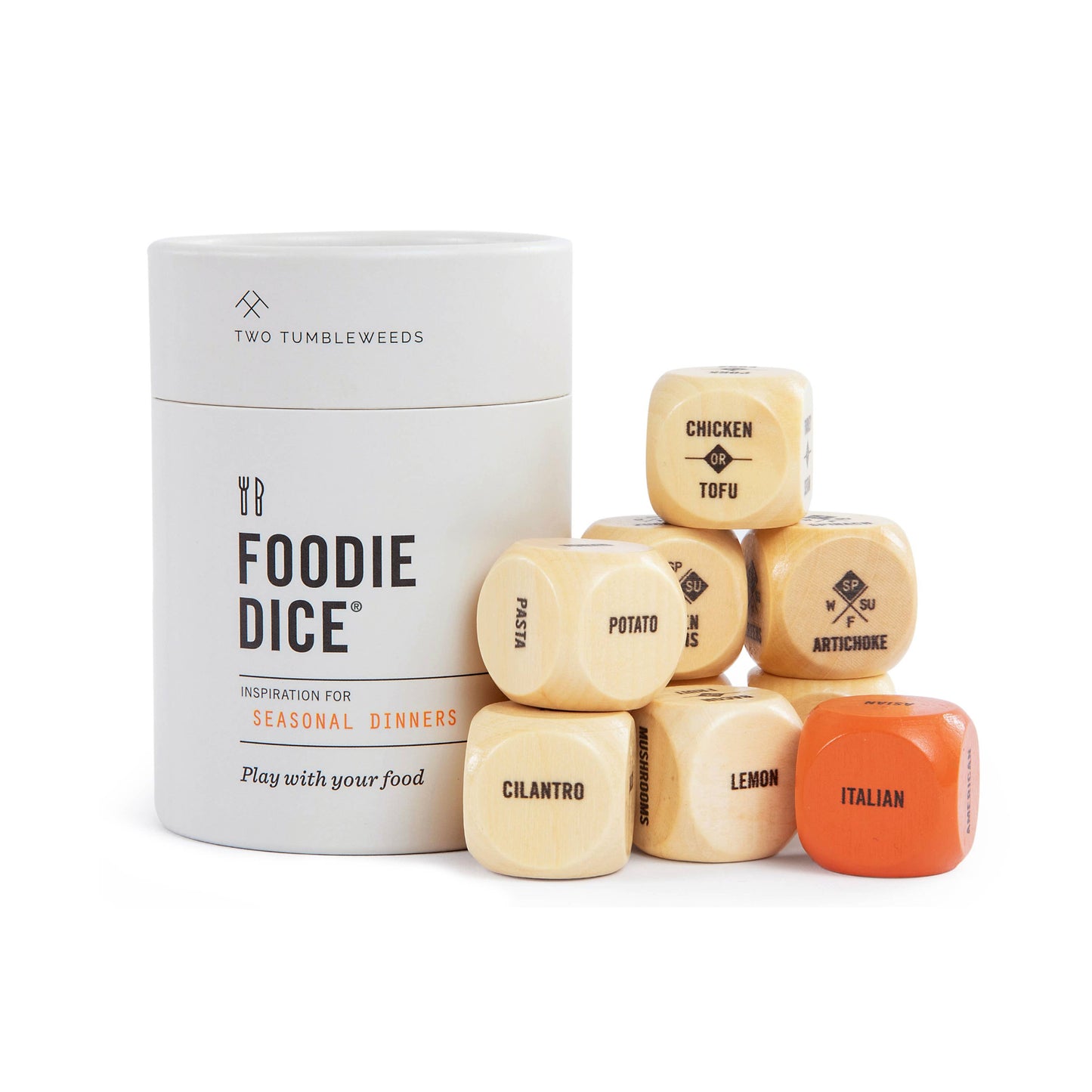Wooden food-themed dice with a container labeled 'Foodie Dice' by Two Tumbleweeds on a white background.