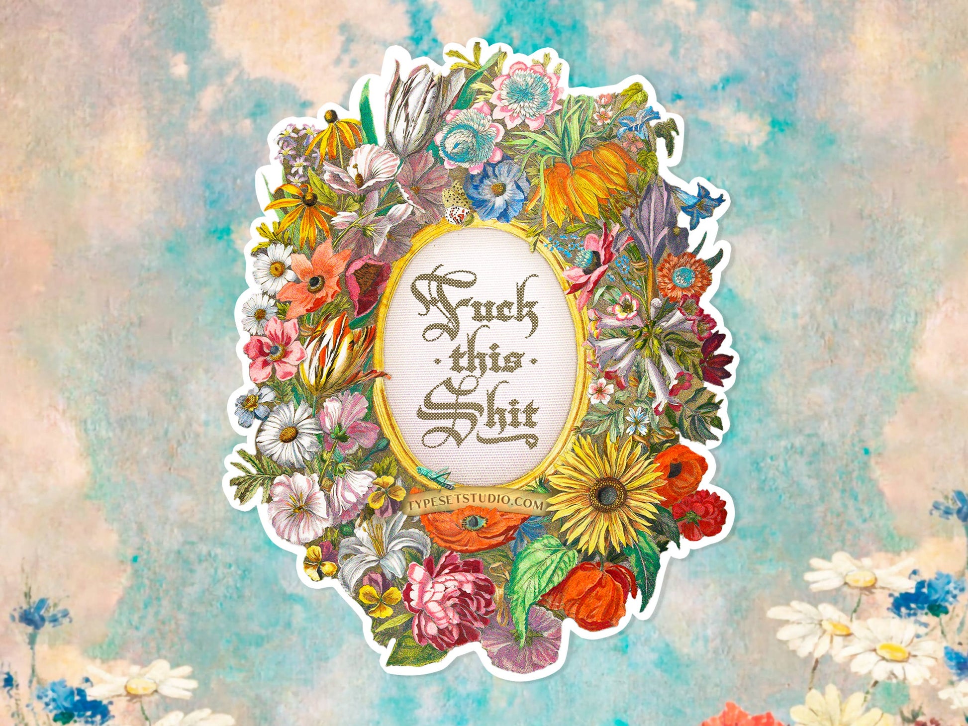 Colorful floral design with a central text overlay on a textured background