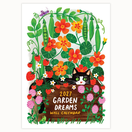 A vertical wall calendar cover design for 2027 Garden Dreams, featuring a whimsical garden illustration with a black cat peeking from behind flowers and vegetables under a leafy arch. The text '2027 GARDEN DREAMS WALL CALENDAR' appears on a wooden sign at the bottom.