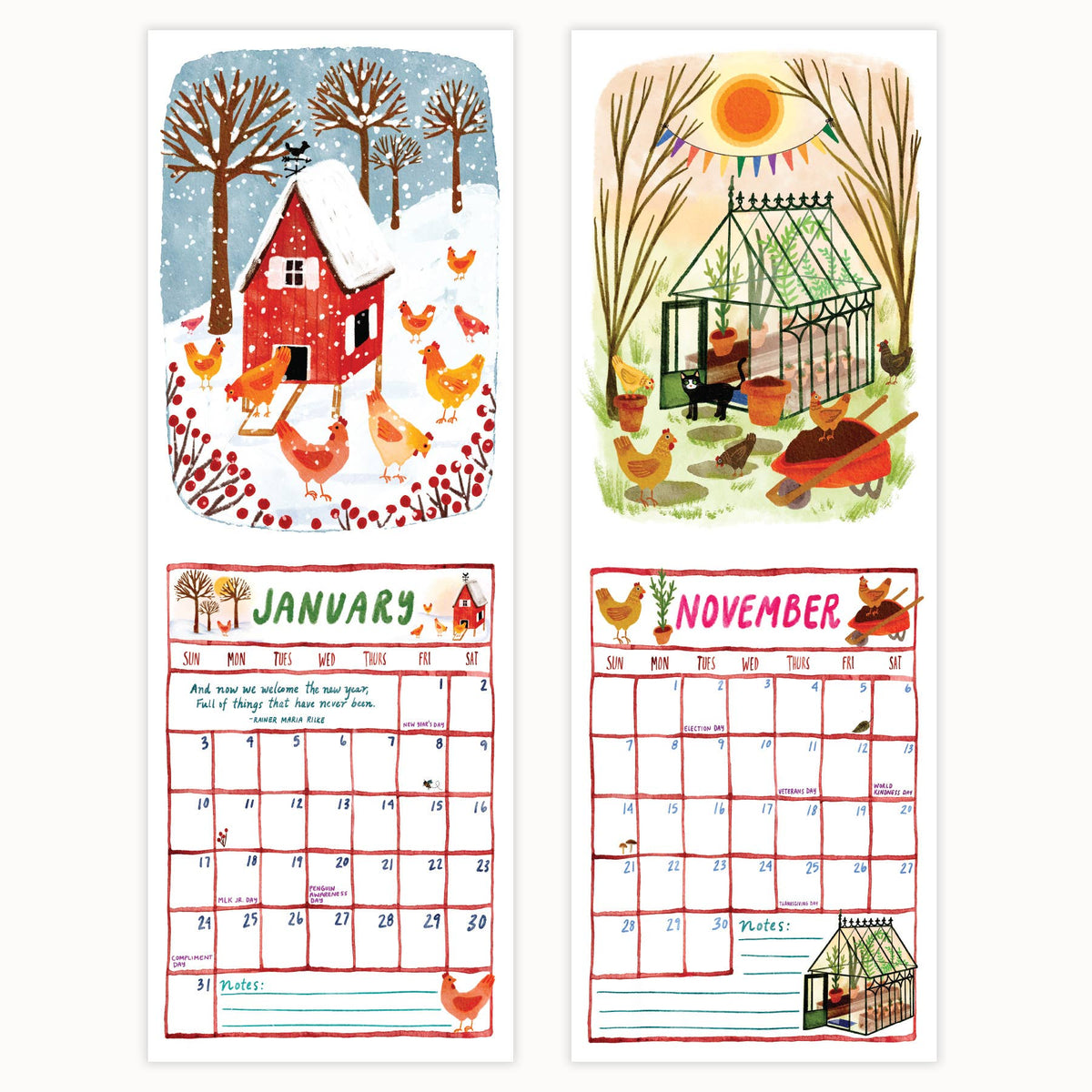 A two-page monthly calendar cover design featuring winter and autumn farm illustrations. The left page shows January with a snowy red house, trees, chickens, and a monthly calendar grid.