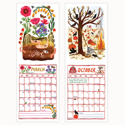 Two illustrated monthly calendar pages for March and October, decorated with autumn and spring nature scenes including flowers, roots, a tree, pumpkins, birds, and a barn.