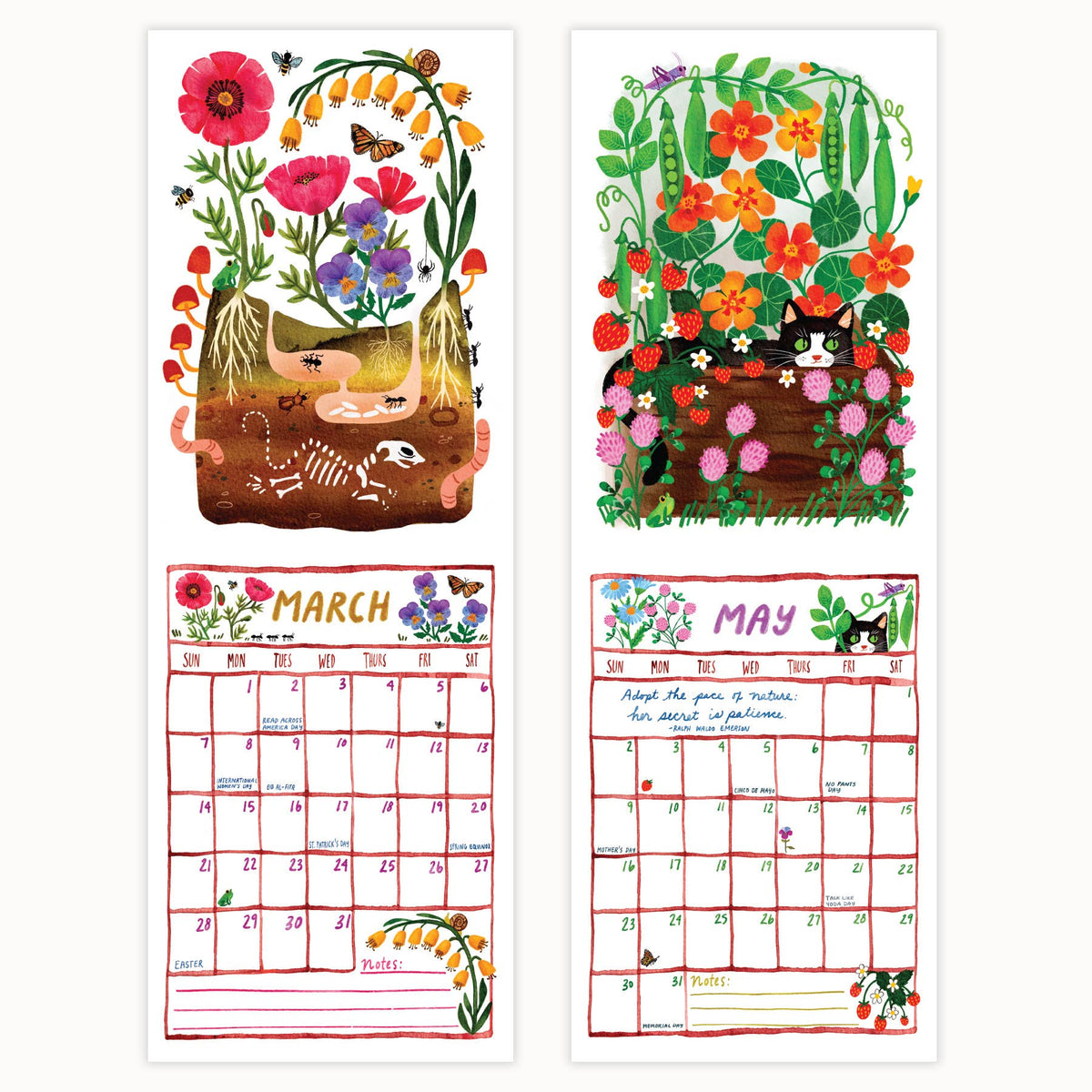 Four illustrated monthly calendar pages with floral and garden artwork. Two tall pages show spring-themed drawings with flowers, roots, and a cat in a garden, while two shorter pages show March and May calendars with red grid lines and small decorative illustrations.