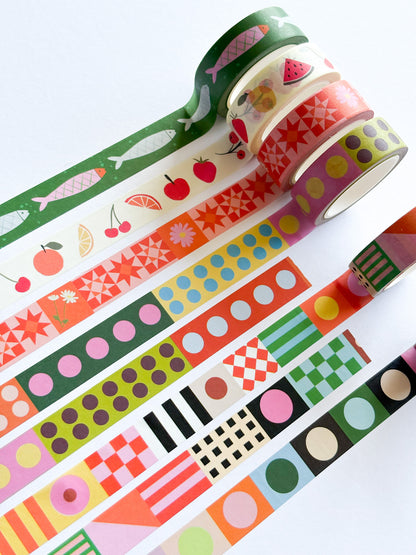 A set of colorful washi tapes with various patterns including stripes, polka dots, grids, and fruit illustrations, arranged on a white background.