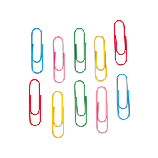 Colorful paper clips arranged in a grid on a white background