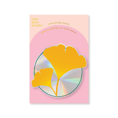 Suncatcher decal with yellow leaf design on a pink card from Tiny Deer Studio