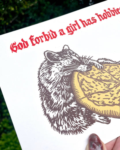 Illustration of a raccoon holding a pizza with text on a white background