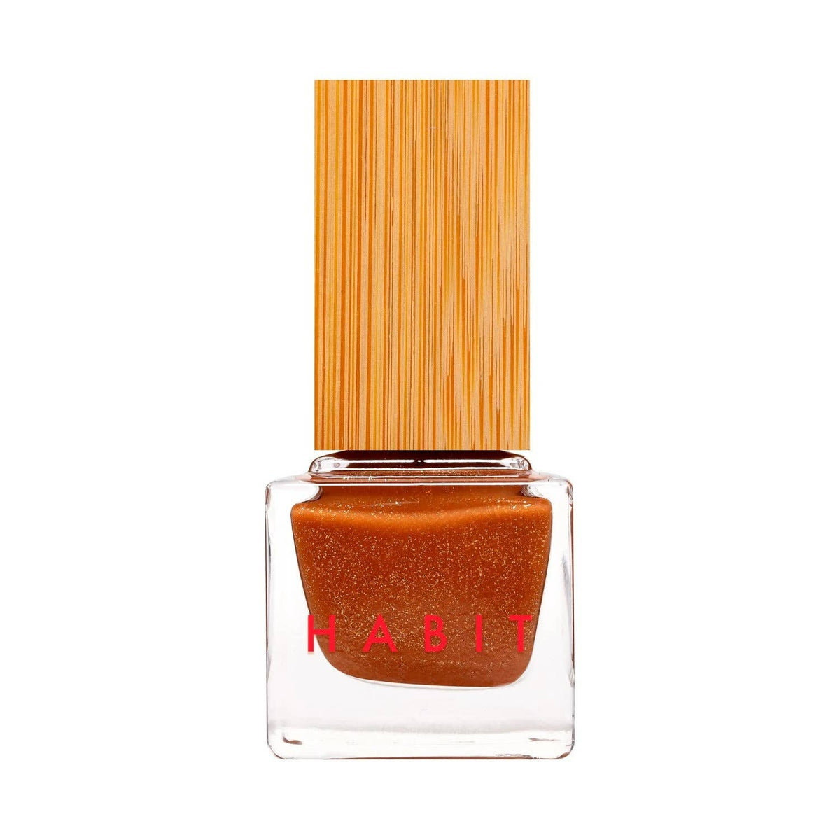 Nail polish bottle with wooden cap and 'HABIT' branding on a white background. Golden Hour Bronze Shimmer Nail Polish