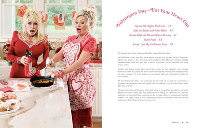 Two women in a kitchen preparing food, with a Valentine's Day theme. dolly parton, rachel pARTON