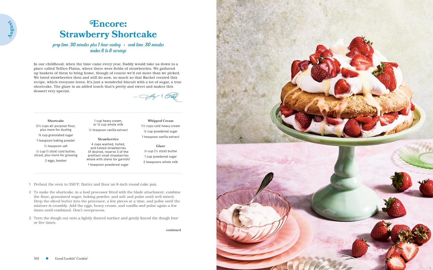 Strawberry shortcake on a green cake stand with recipe text on the left. Good Lookin' Cookin'