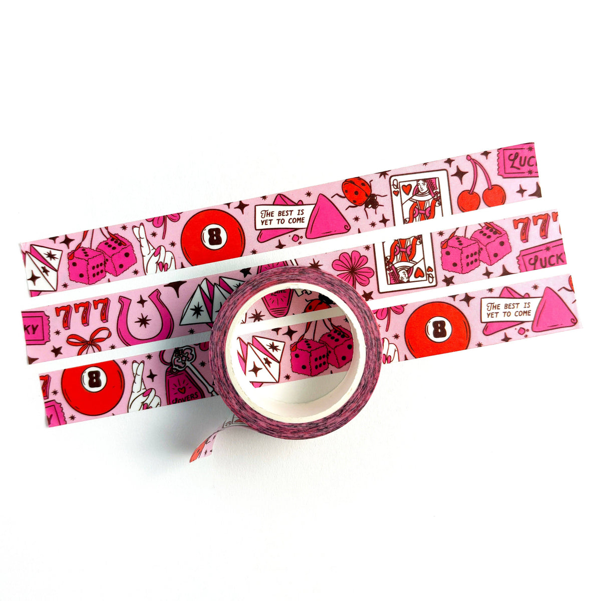 Washi tape with pink and red patterns on a white background