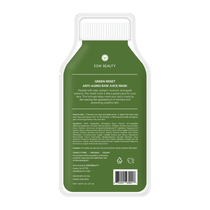 Green anti-aging raw juice mask packaging with ESW Beauty branding on a white background