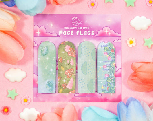 Set of colorful page flags with a pastel design on a pink background