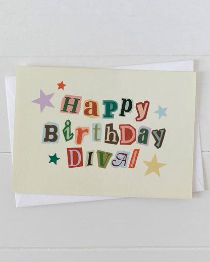 Birthday card with colorful text on a light background