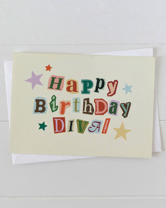 Birthday card with colorful text on a light background