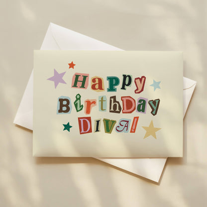 Greeting card with 'Happy Birthday Diva!' text on a beige background