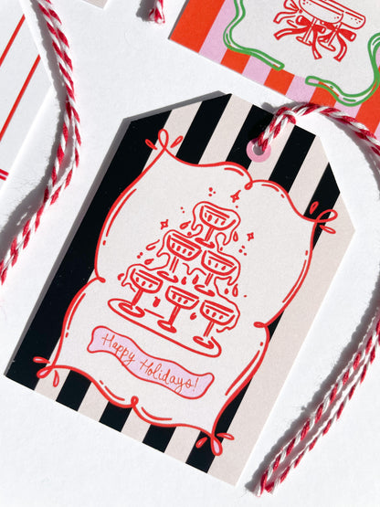 Holiday card with black and white striped border and red illustration of cocktails - Happy Holidays Gift Tag Set of 6