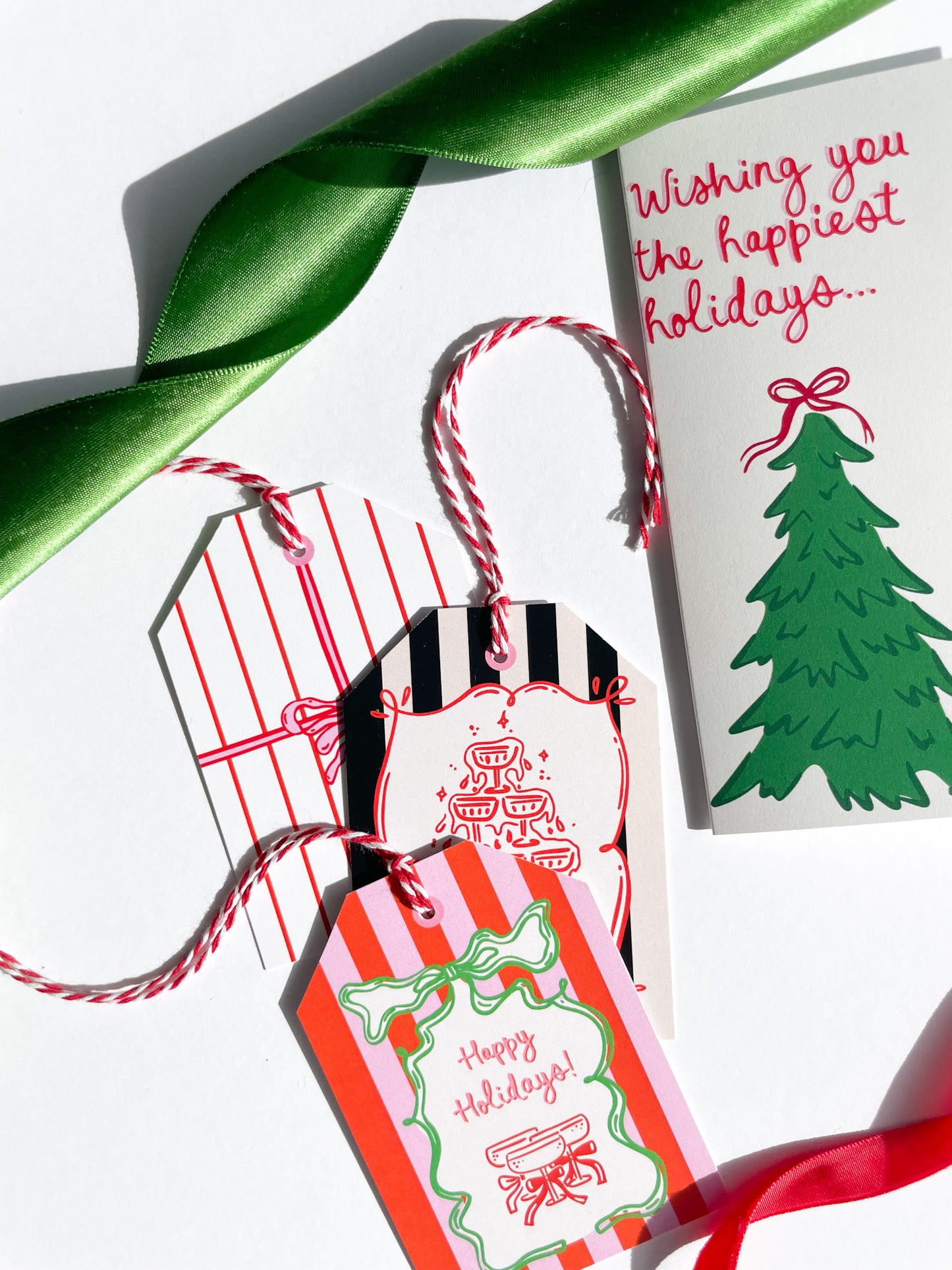 Christmas gift tags and card with festive designs on a white background, Happy Holidays Gift Tag Set of 6