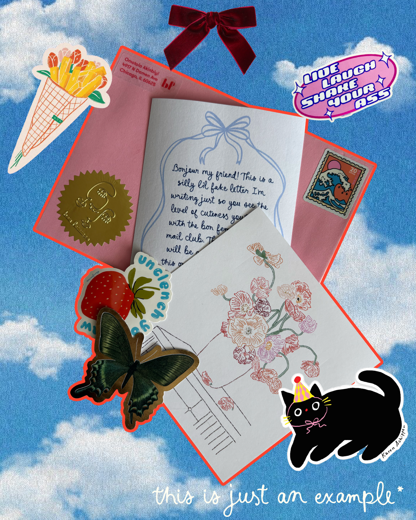 Collage of letters, stickers, and a black cat on a blue sky background with clouds. Happy Mail by Bon Femmes