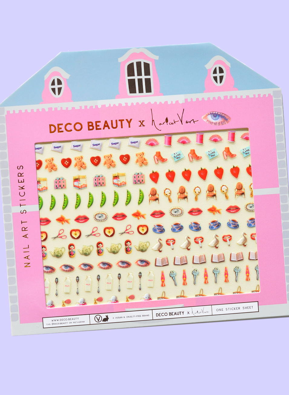 Deco Beauty x Kat Von D nail art stickers packaging on a light purple background