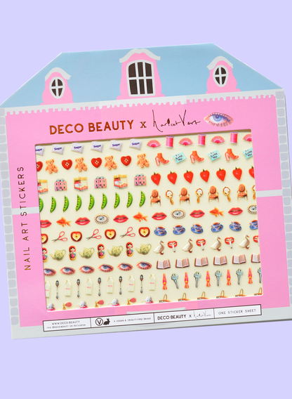 Deco Beauty x Kat Von D nail art stickers packaging on a light purple background