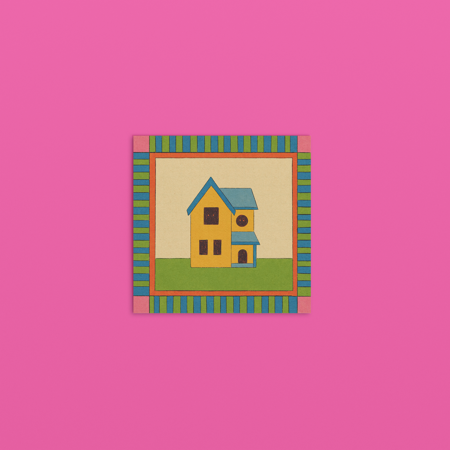 Colorful house illustration in a striped frame on a pink background