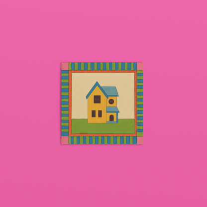 Colorful house illustration in a striped frame on a pink background