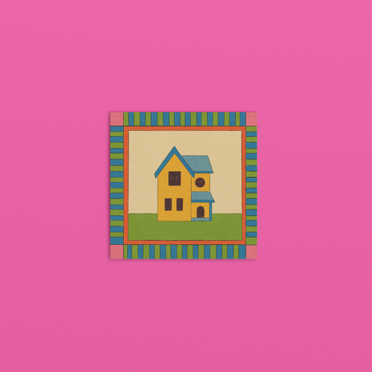 Colorful house illustration in a striped frame on a pink background