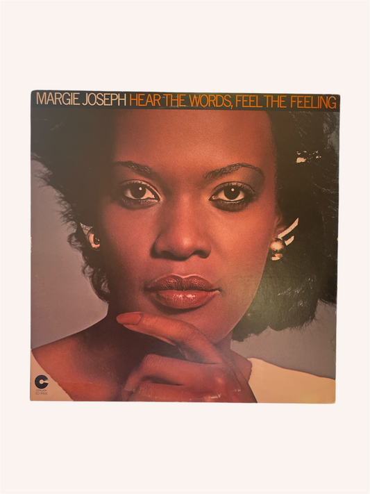 Album cover with a woman's face and text 'Margie Joseph Hear The Words, Feel The Feeling'. Hear the Words, Feel the Feeling Vinyl Record - Margie Joseph