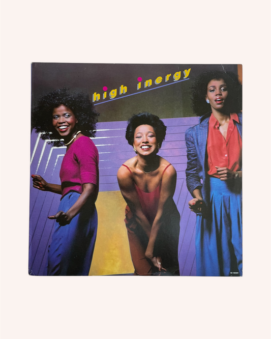 Album cover with three people and 'high energy' text on a colorful, High Inergy Vinyl Record - High Inergybackground