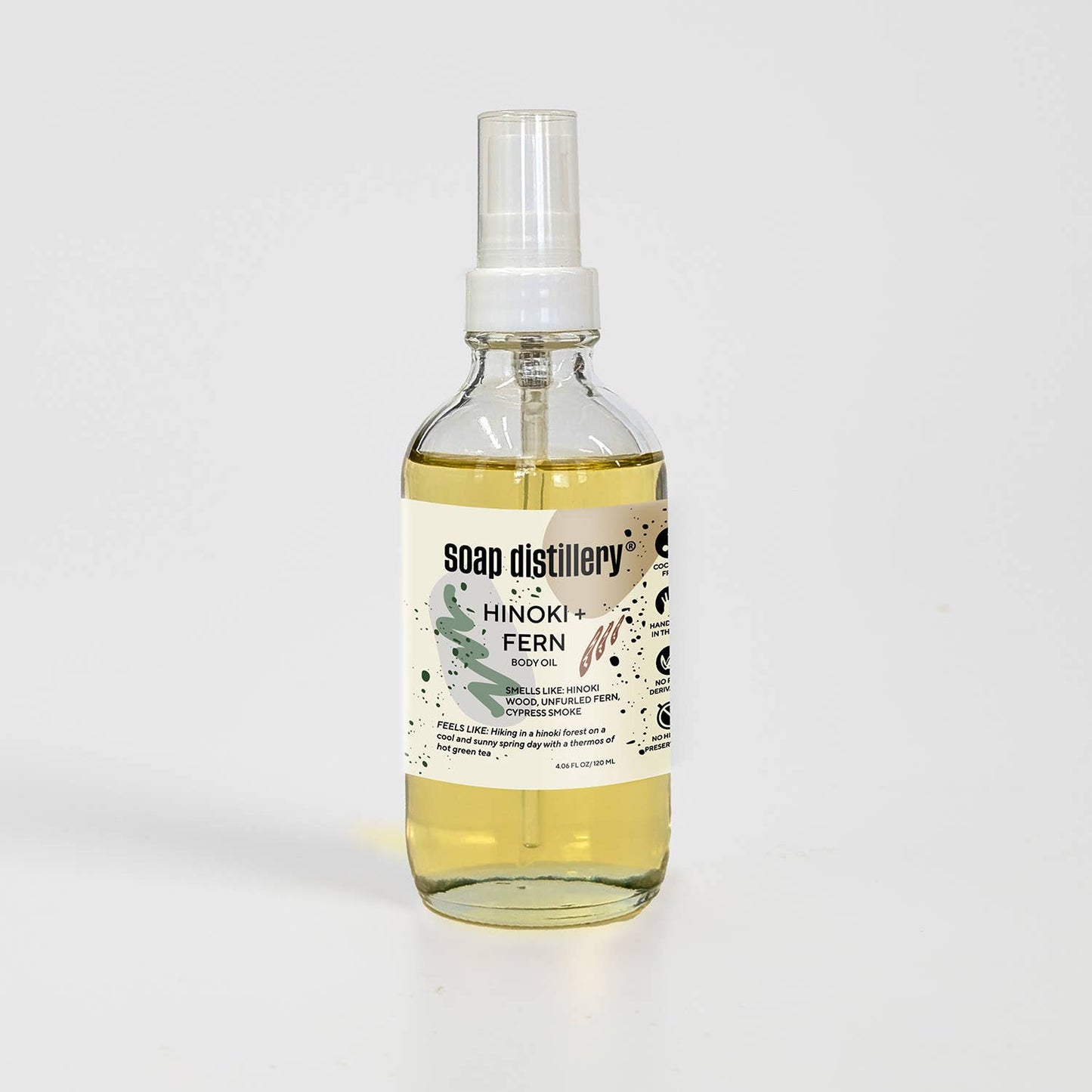 Bottle of Soap Distillery Hinoki Fern spray on a white background