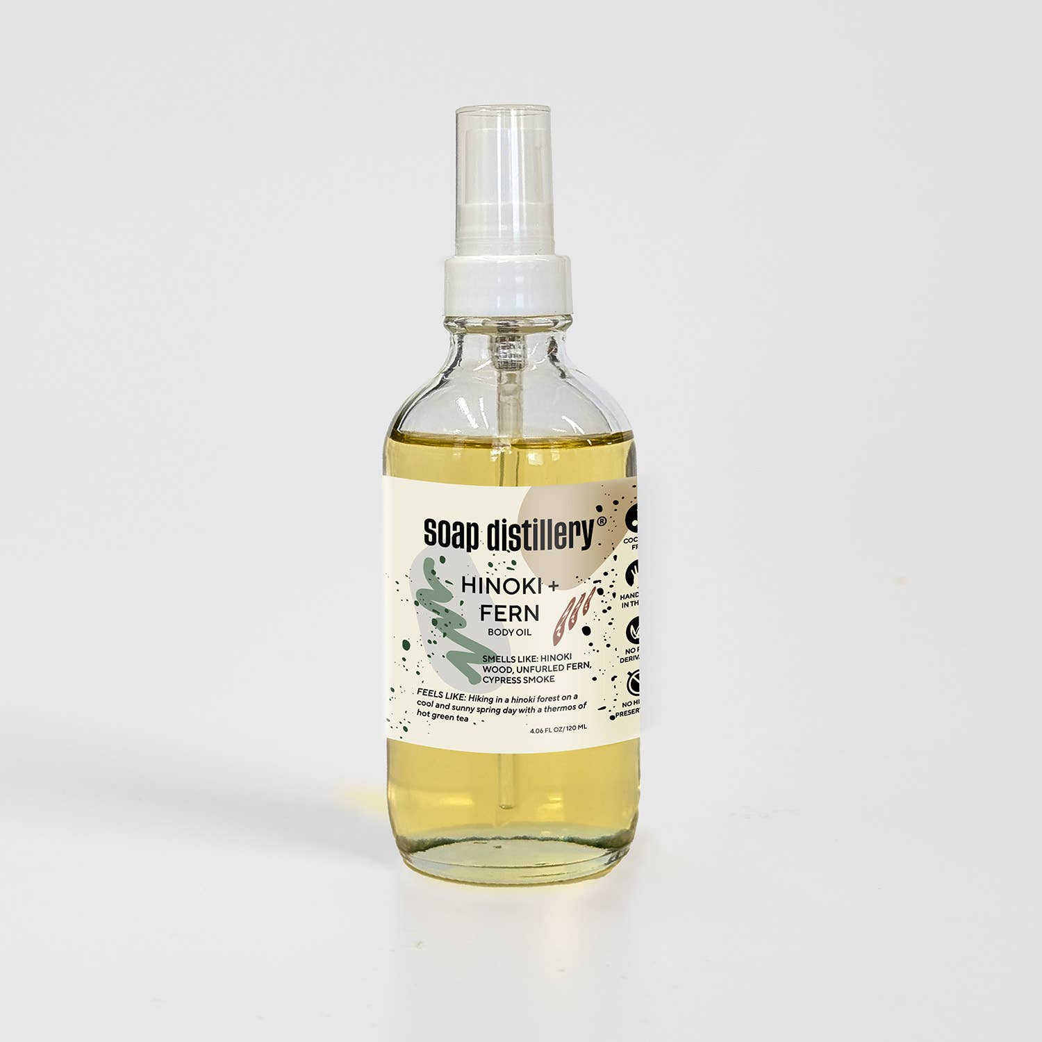 Bottle of Soap Distillery Hinoki Fern spray on a white background